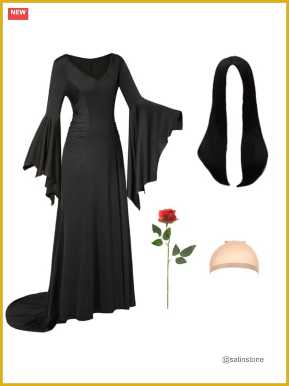 Gothic Halloween Costume Set Dress with Wig & Flower Accessories